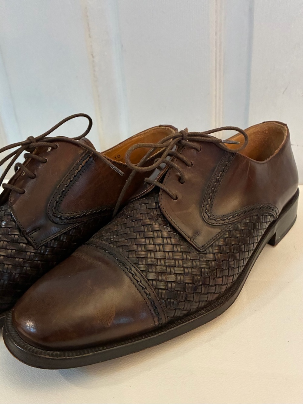 PRINCIPE Vero Cuoio Handcrafted Brown Leather Woven Lace-Up Oxfords Shoes Sz 10